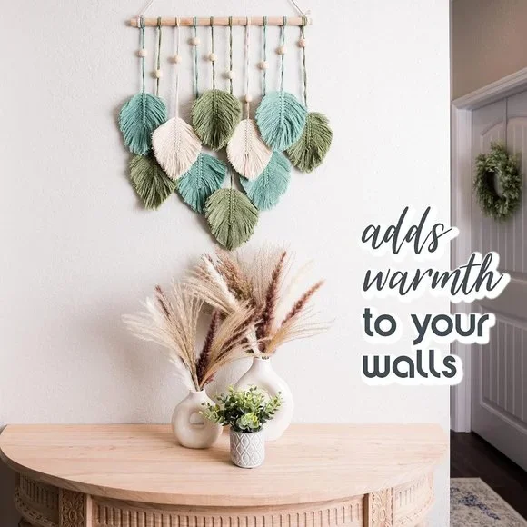 Macrame Boho Indie Farmhouse Teal/Blue/Green/Cream Feather Wood Bead Wall Decor - Picture 4 of 8